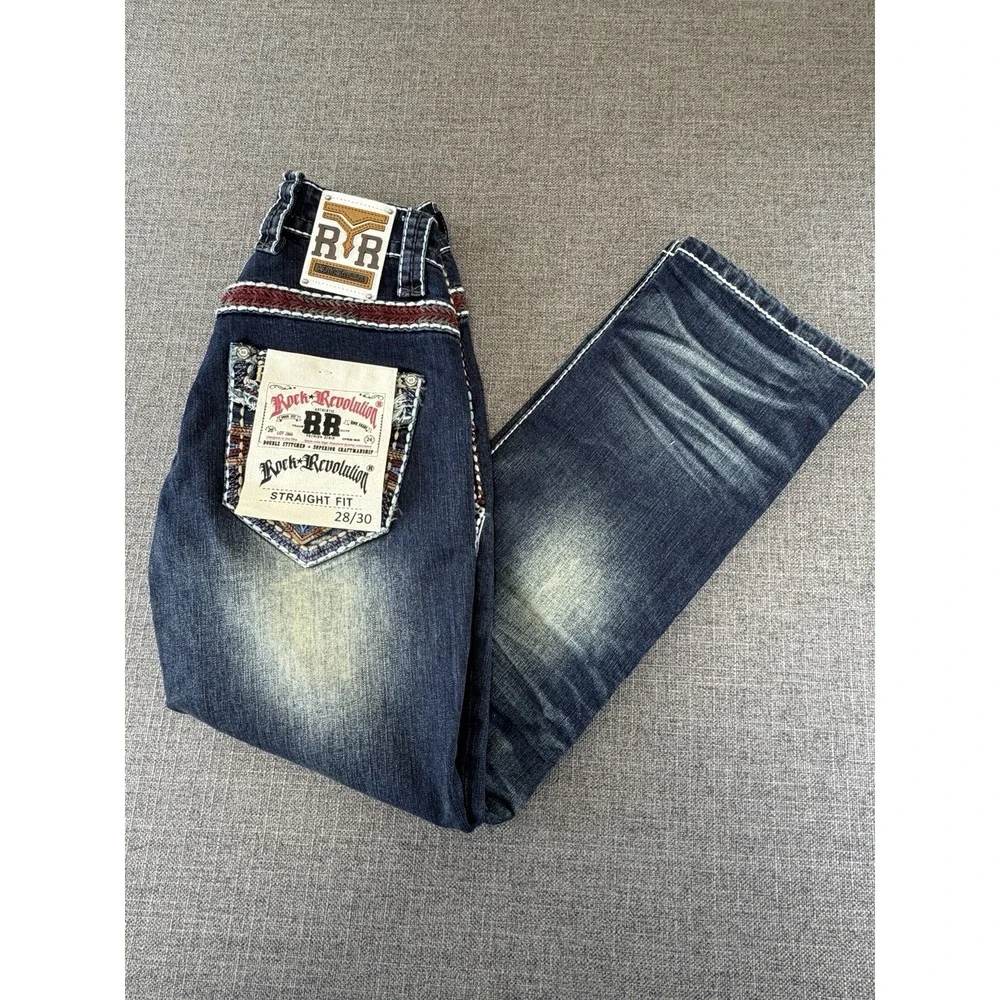 NWT Rock Revolution RR Straight Fit Jeans Men's 28x30 Dark Wash Denim